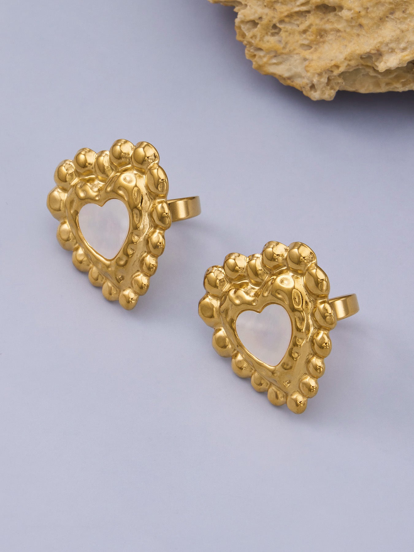 316L Stainless Steel 18K Gold PVD Heart Mother of Pearl Color-Drip Ring - Heart Mother of Pearl Color-Drip Gold Ring Wholesale Stainless Steel Jewelry - Sensitive Skin Friendly - Detail 9