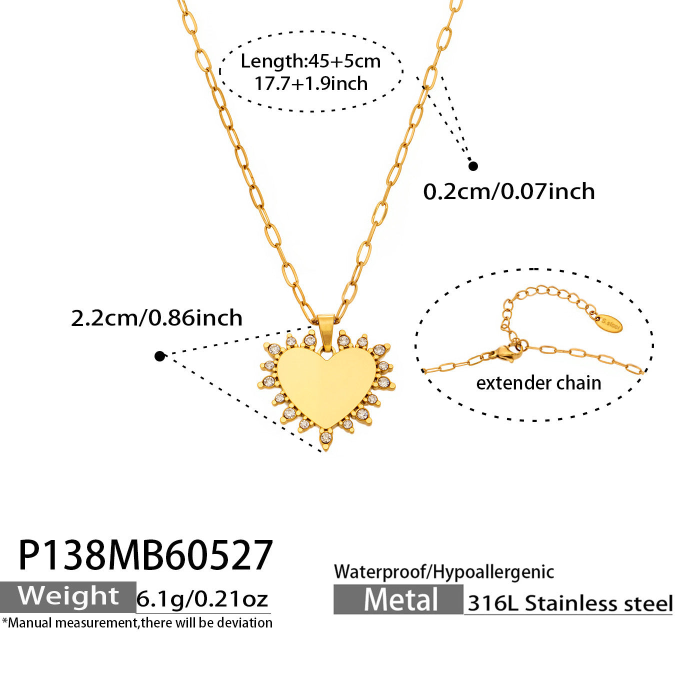 316L Stainless Steel 18K Gold PVD Heart Necklace Necklace - Heart Design Zircon Wholesale Stainless Steel Jewelry - Sensitive Skin Friendly - Detail 7