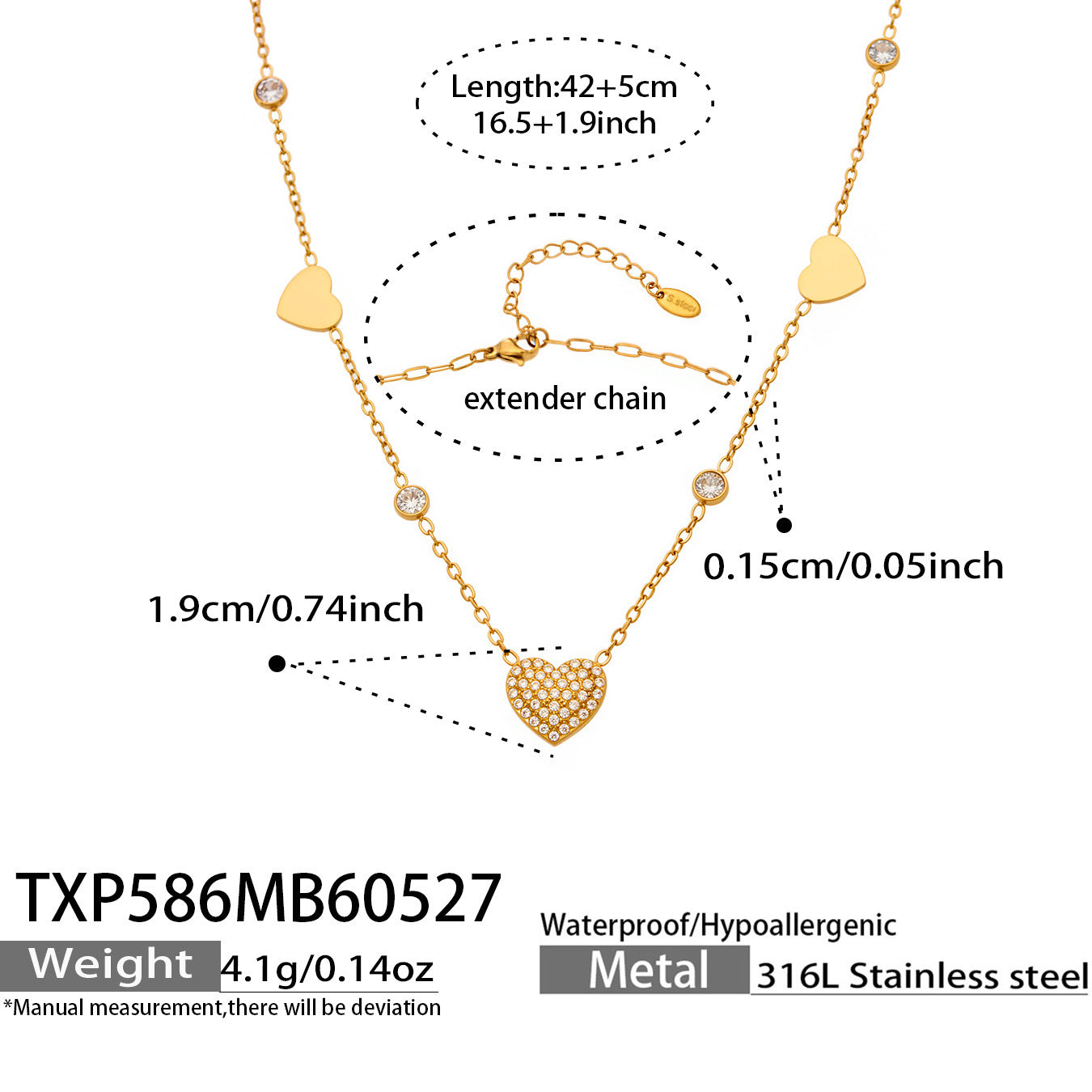316L Stainless Steel 18K Gold PVD Heart Necklace Necklace - Heart Design Zircon Wholesale Stainless Steel Jewelry - Sensitive Skin Friendly - Detail 8