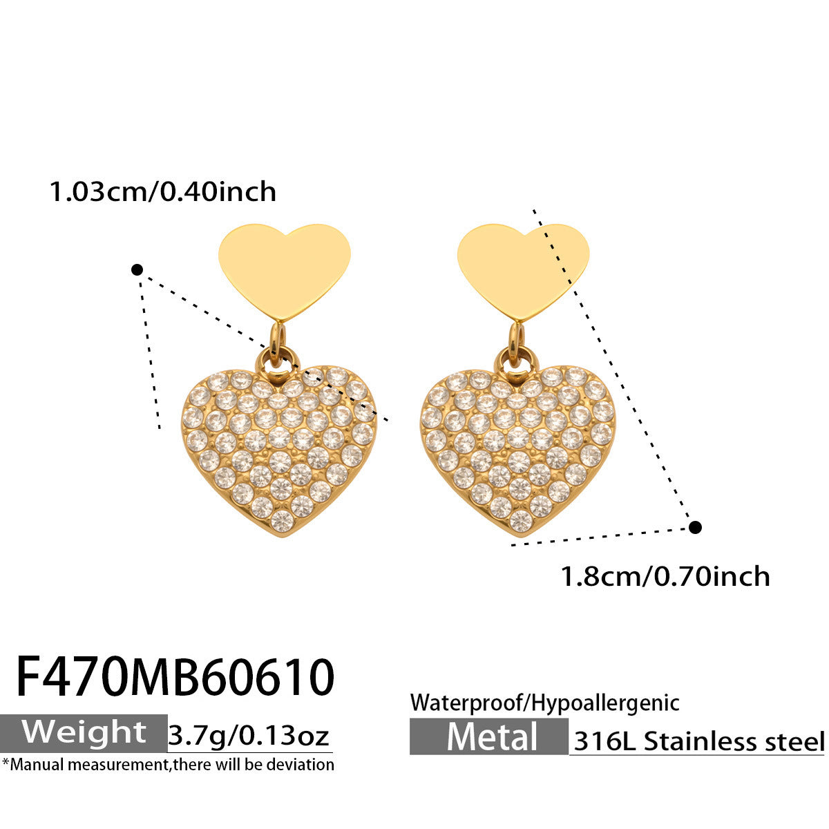316L Stainless Steel 18K Gold PVD Heart Pendant Earrings - Heart Pendant, Elegant Design, Stainless Steel, Zircon Accents Wholesale Stainless Steel Jewelry - Sensitive Skin Friendly - Detail 11