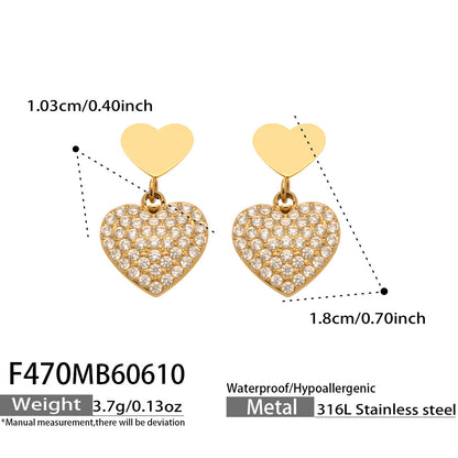 316L Stainless Steel 18K Gold PVD Heart Pendant Earrings - Heart Pendant, Elegant Design, Stainless Steel, Zircon Accents Wholesale Stainless Steel Jewelry - Sensitive Skin Friendly - Detail 11