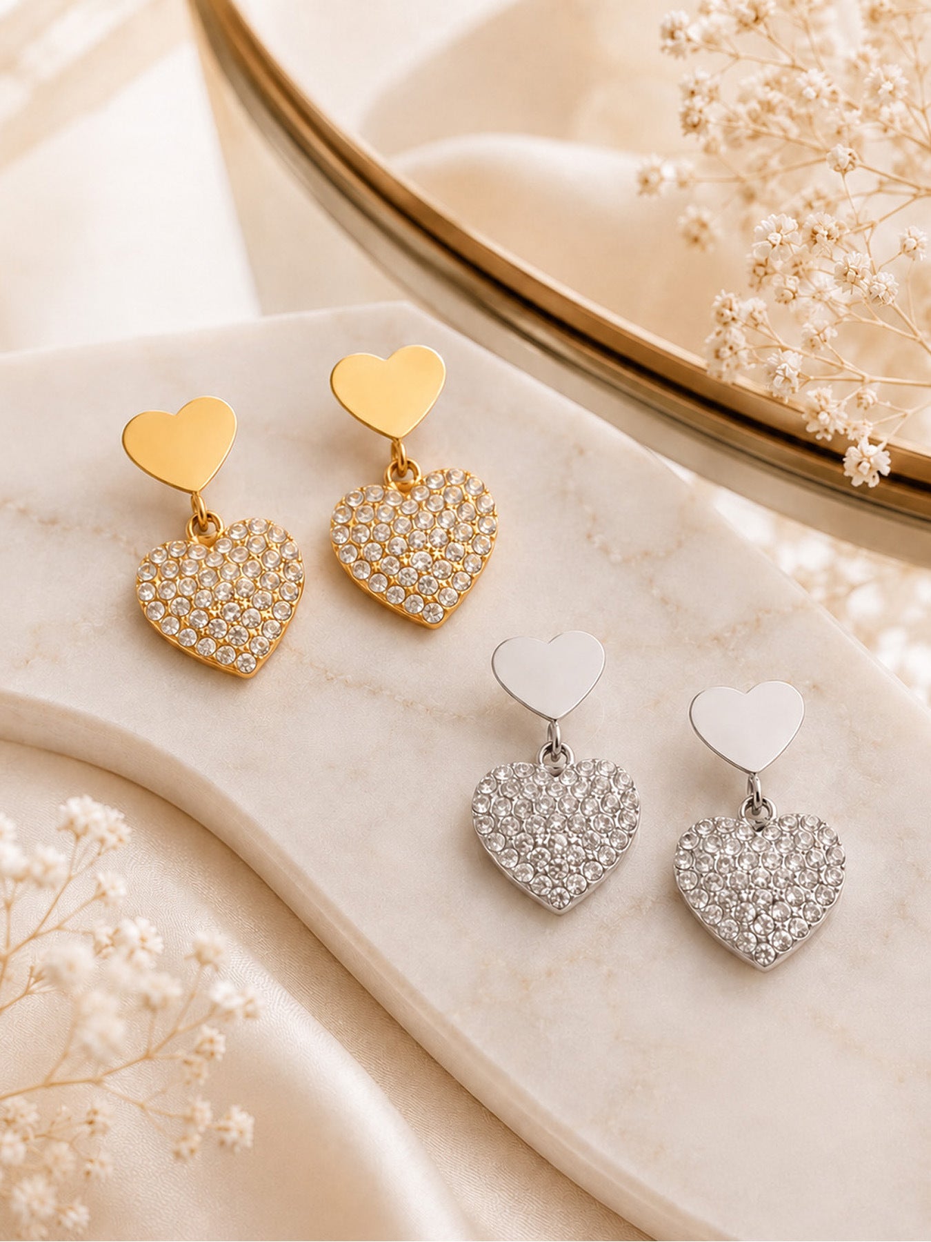 316L Stainless Steel 18K Gold PVD Heart Pendant Earrings - Heart Pendant, Elegant Design, Stainless Steel, Zircon Accents Wholesale Stainless Steel Jewelry - Sensitive Skin Friendly - Detail 5