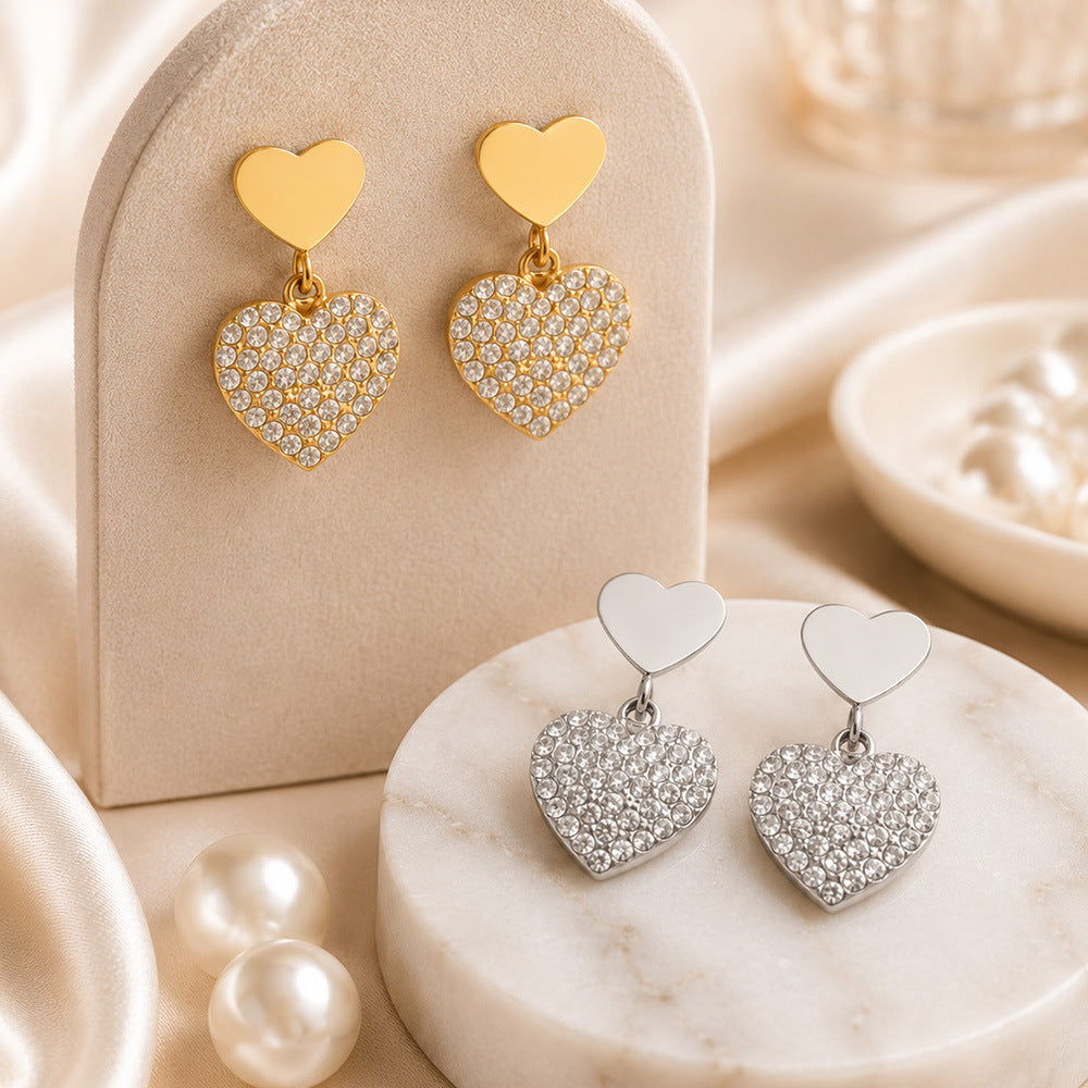 316L Stainless Steel 18K Gold PVD Heart Pendant Earrings - Heart Pendant, Elegant Design, Stainless Steel, Zircon Accents Wholesale Stainless Steel Jewelry - Sensitive Skin Friendly - Detail 6