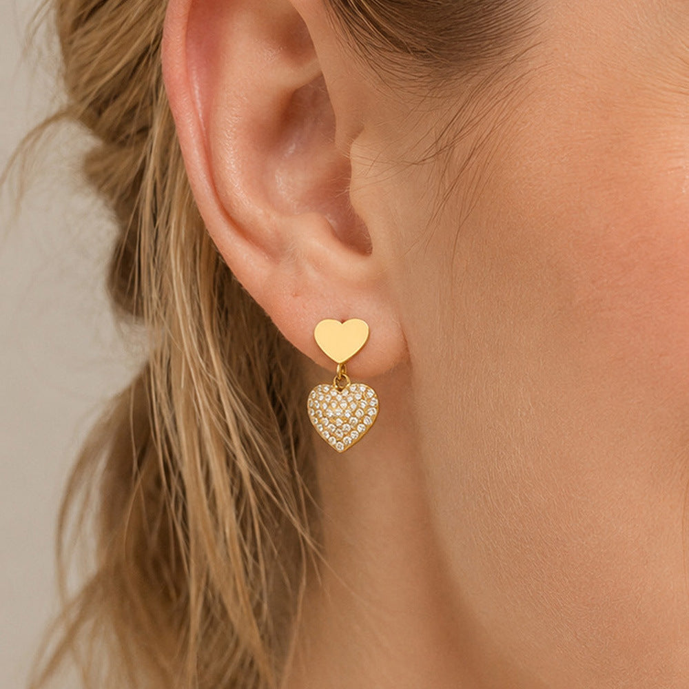 316L Stainless Steel 18K Gold PVD Heart Pendant Earrings - Heart Pendant, Elegant Design, Stainless Steel, Zircon Accents Wholesale Stainless Steel Jewelry - Sensitive Skin Friendly - Detail 8