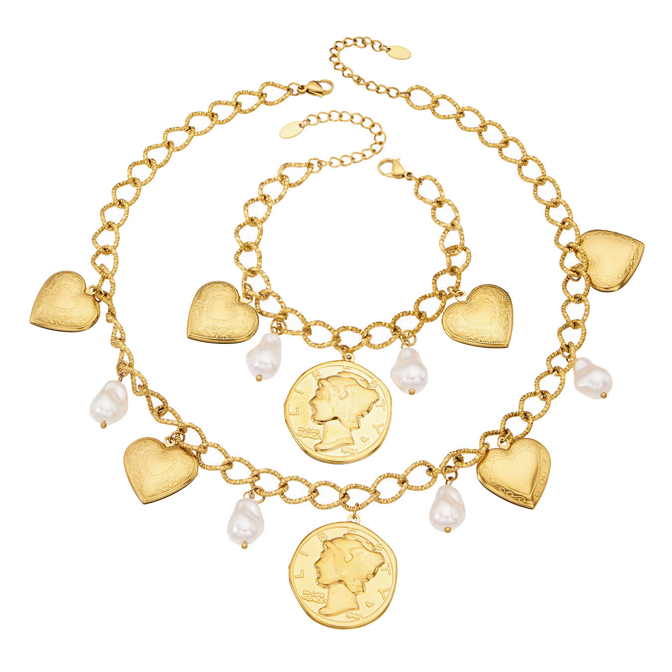 gold heart charm necklace with pearl and coin charms in 18K gold plated stainless steel