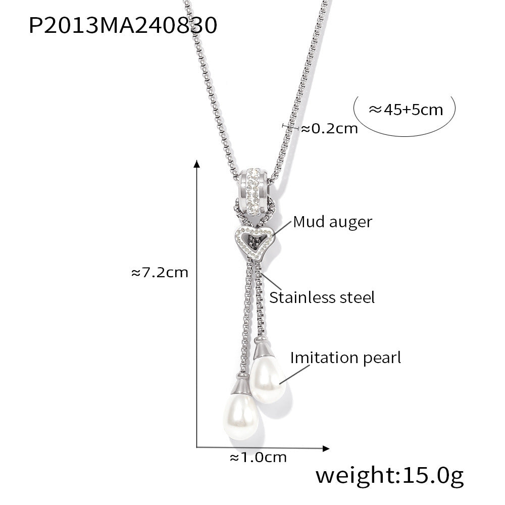 316L Stainless Steel 18K Gold PVD Heart Tassel Faux Pearl Pendant Necklace - Heart Pendant, Tassel, Faux Pearl, Layering, Light Luxury, Elegant Wholesale Stainless Steel Jewelry - Sensitive Skin Friendly - Detail 1