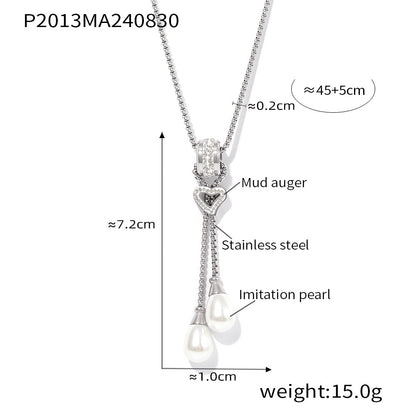 316L Stainless Steel 18K Gold PVD Heart Tassel Faux Pearl Pendant Necklace - Heart Pendant, Tassel, Faux Pearl, Layering, Light Luxury, Elegant Wholesale Stainless Steel Jewelry - Sensitive Skin Friendly - Detail 1