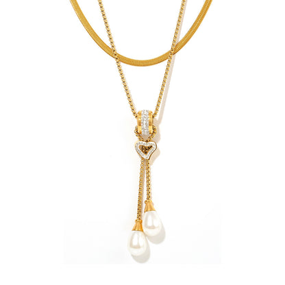 316L Stainless Steel 18K Gold PVD Heart Tassel Faux Pearl Pendant Necklace - Heart Pendant, Tassel, Faux Pearl, Layering, Light Luxury, Elegant Wholesale Stainless Steel Jewelry - Sensitive Skin Friendly - Detail 2