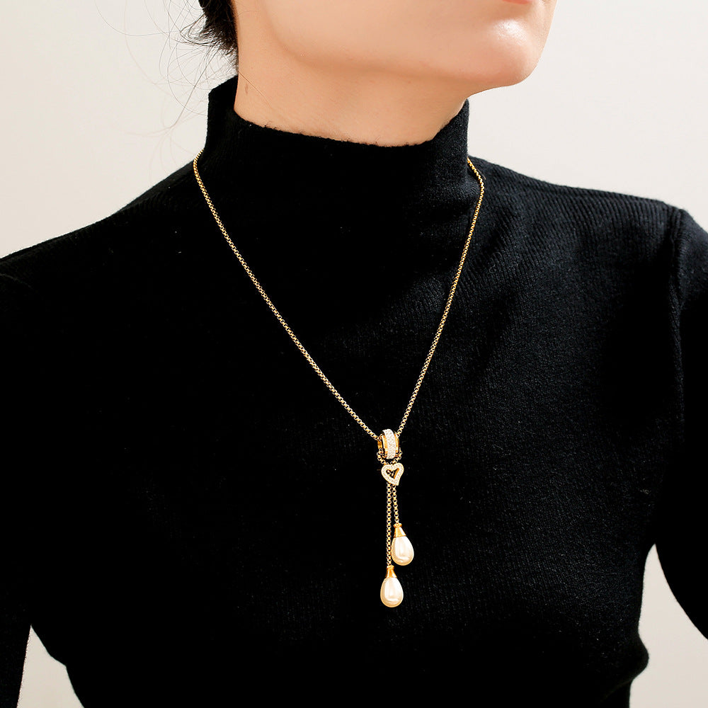 316L Stainless Steel 18K Gold PVD Heart Tassel Faux Pearl Pendant Necklace - Heart Pendant, Tassel, Faux Pearl, Layering, Light Luxury, Elegant Wholesale Stainless Steel Jewelry - Sensitive Skin Friendly - Detail 3