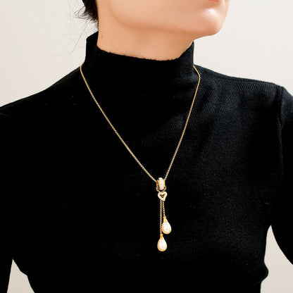 316L Stainless Steel 18K Gold PVD Heart Tassel Faux Pearl Pendant Necklace - Heart Pendant, Tassel, Faux Pearl, Layering, Light Luxury, Elegant Wholesale Stainless Steel Jewelry - Sensitive Skin Friendly - Detail 3