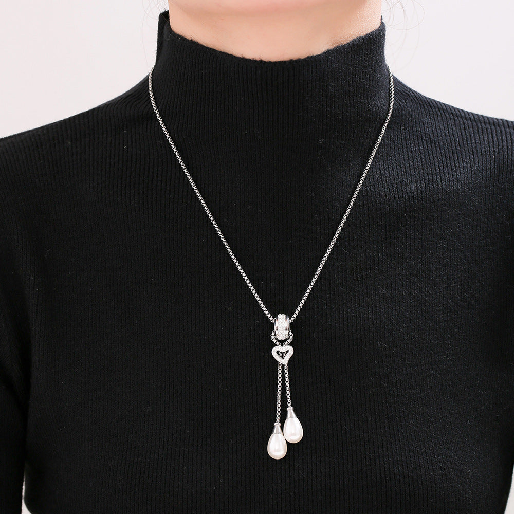 316L Stainless Steel 18K Gold PVD Heart Tassel Faux Pearl Pendant Necklace - Heart Pendant, Tassel, Faux Pearl, Layering, Light Luxury, Elegant Wholesale Stainless Steel Jewelry - Sensitive Skin Friendly - Detail 5