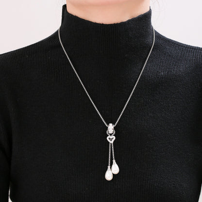 316L Stainless Steel 18K Gold PVD Heart Tassel Faux Pearl Pendant Necklace - Heart Pendant, Tassel, Faux Pearl, Layering, Light Luxury, Elegant Wholesale Stainless Steel Jewelry - Sensitive Skin Friendly - Detail 5
