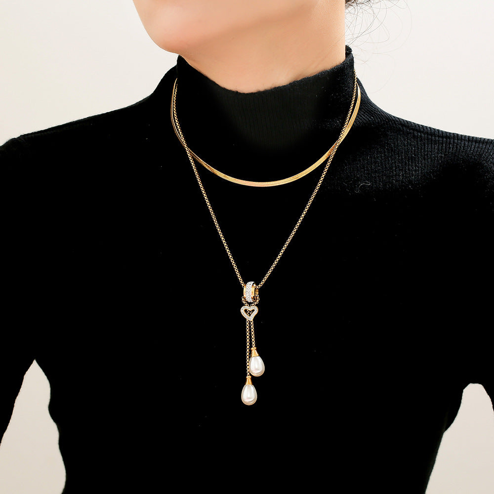 316L Stainless Steel 18K Gold PVD Heart Tassel Faux Pearl Pendant Necklace - Heart Pendant, Tassel, Faux Pearl, Layering, Light Luxury, Elegant Wholesale Stainless Steel Jewelry - Sensitive Skin Friendly - Detail 7