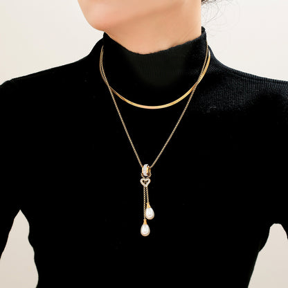 316L Stainless Steel 18K Gold PVD Heart Tassel Faux Pearl Pendant Necklace - Heart Pendant, Tassel, Faux Pearl, Layering, Light Luxury, Elegant Wholesale Stainless Steel Jewelry - Sensitive Skin Friendly - Detail 7