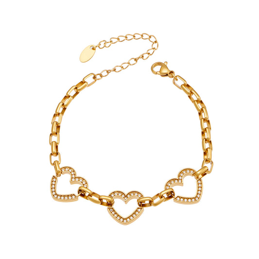 316L Stainless Steel 18K Gold PVD Heart Zircon Bracelet - Elegant Heart Bracelet, Gold Zircon, Modern Jewelry Wholesale Stainless Steel Jewelry - Sensitive Skin Friendly - Detail 2