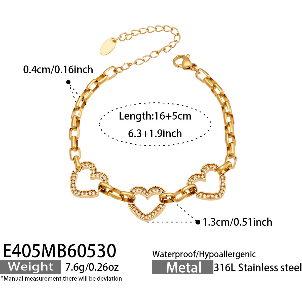 316L Stainless Steel 18K Gold PVD Heart Zircon Bracelet - Elegant Heart Bracelet, Gold Zircon, Modern Jewelry Wholesale Stainless Steel Jewelry - Sensitive Skin Friendly - Detail 3
