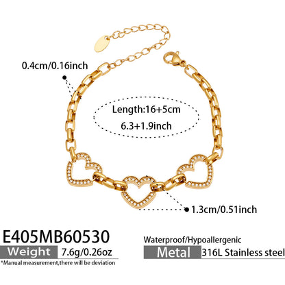 316L Stainless Steel 18K Gold PVD Heart Zircon Bracelet - Elegant Heart Bracelet, Gold Zircon, Modern Jewelry Wholesale Stainless Steel Jewelry - Sensitive Skin Friendly - Detail 3