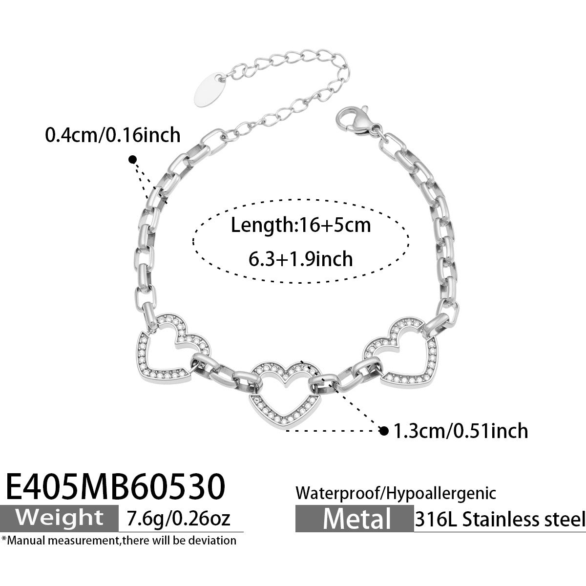 316L Stainless Steel 18K Gold PVD Heart Zircon Bracelet - Elegant Heart Bracelet, Gold Zircon, Modern Jewelry Wholesale Stainless Steel Jewelry - Sensitive Skin Friendly - Detail 7