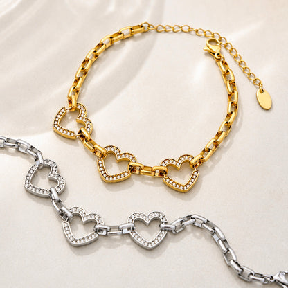 316L Stainless Steel 18K Gold PVD Heart Zircon Bracelet - Elegant Heart Bracelet, Gold Zircon, Modern Jewelry Wholesale Stainless Steel Jewelry - Sensitive Skin Friendly - Detail 9