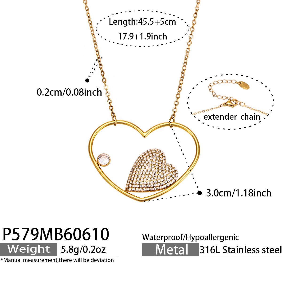 316L Stainless Steel 18K Gold PVD Heart Zircon Necklace - Heart Zircon, Elegant Design, Modern Style Wholesale Stainless Steel Jewelry - Sensitive Skin Friendly - Detail 17