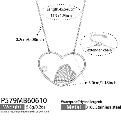 316L Stainless Steel 18K Gold PVD Heart Zircon Necklace - Heart Zircon, Elegant Design, Modern Style Wholesale Stainless Steel Jewelry - Sensitive Skin Friendly - Detail 18