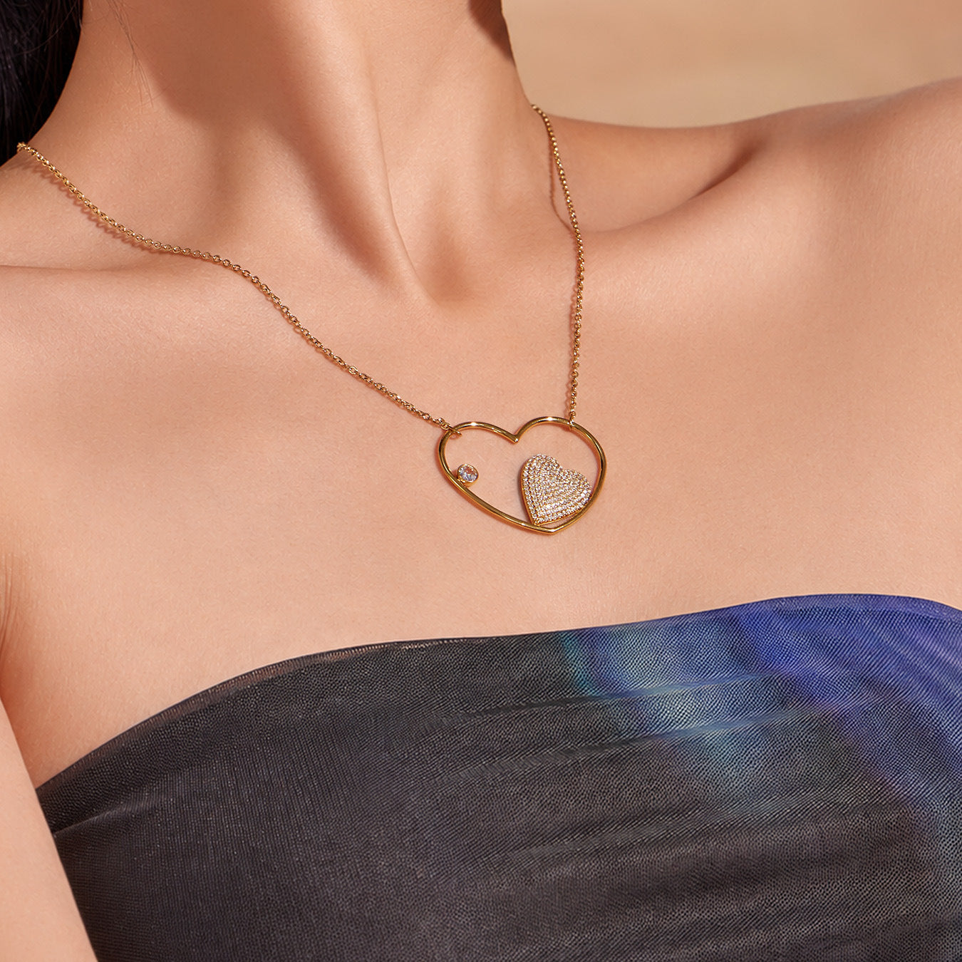 316L Stainless Steel 18K Gold PVD Heart Zircon Necklace - Heart Zircon, Elegant Design, Modern Style Wholesale Stainless Steel Jewelry - Sensitive Skin Friendly - Detail 9