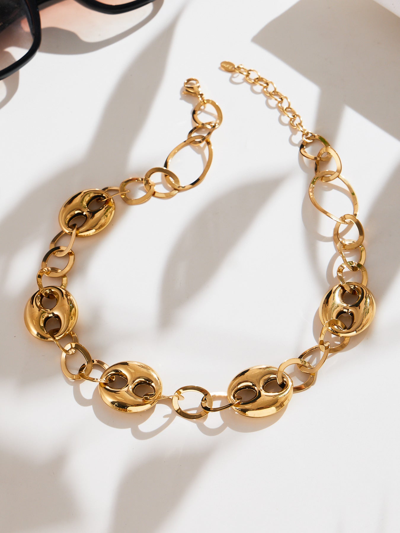 316L Stainless Steel 18K Gold PVD Hollow Coffee Bean Link Chain Necklace - Hollow Coffee Bean, Cuban Link, Modern, Gold Chain Wholesale Stainless Steel Jewelry - Sensitive Skin Friendly - Detail 1