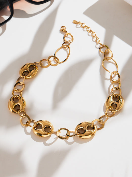316L Stainless Steel 18K Gold PVD Hollow Coffee Bean Link Chain Necklace - Hollow Coffee Bean, Cuban Link, Modern, Gold Chain Wholesale Stainless Steel Jewelry - Sensitive Skin Friendly - Detail 1