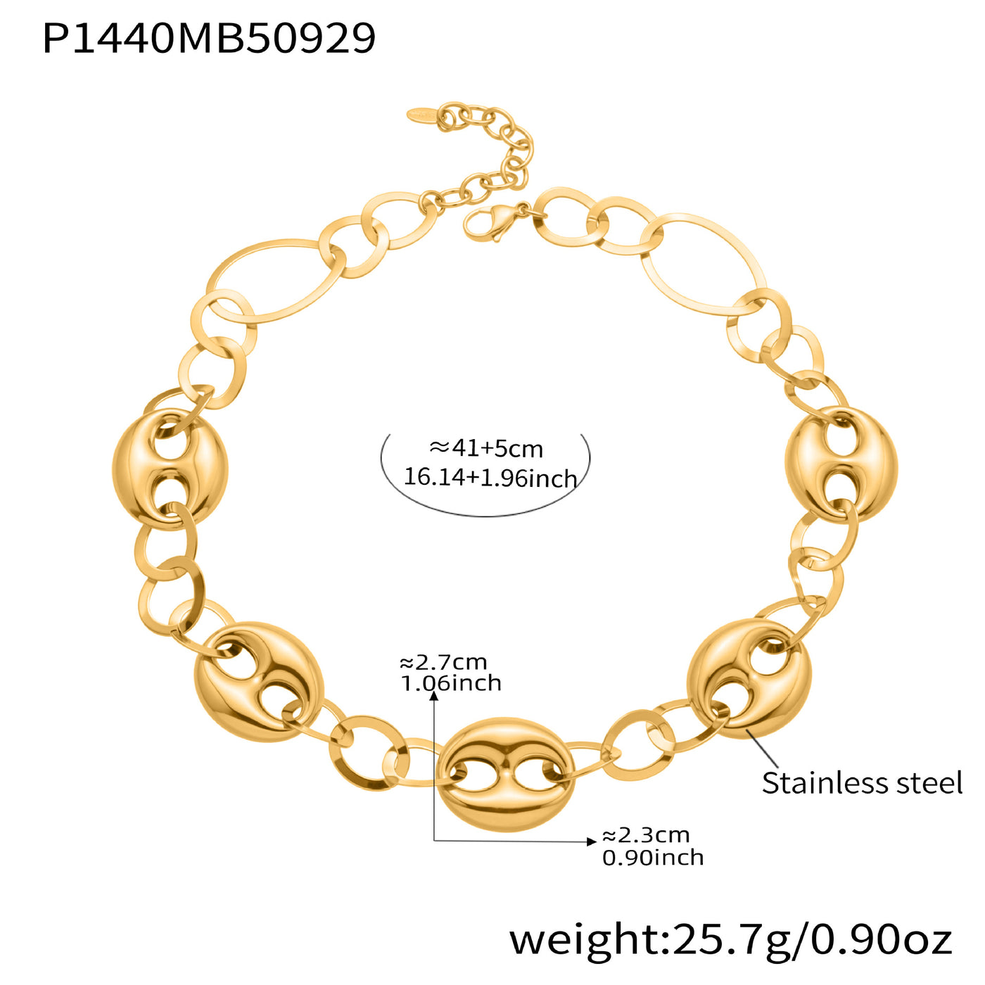 316L Stainless Steel 18K Gold PVD Hollow Coffee Bean Link Chain Necklace - Hollow Coffee Bean, Cuban Link, Modern, Gold Chain Wholesale Stainless Steel Jewelry - Sensitive Skin Friendly - Detail 10