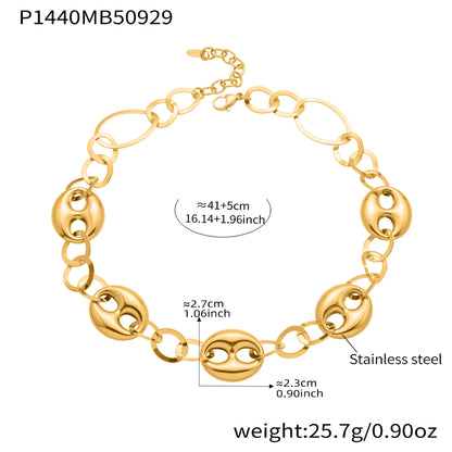 316L Stainless Steel 18K Gold PVD Hollow Coffee Bean Link Chain Necklace - Hollow Coffee Bean, Cuban Link, Modern, Gold Chain Wholesale Stainless Steel Jewelry - Sensitive Skin Friendly - Detail 10