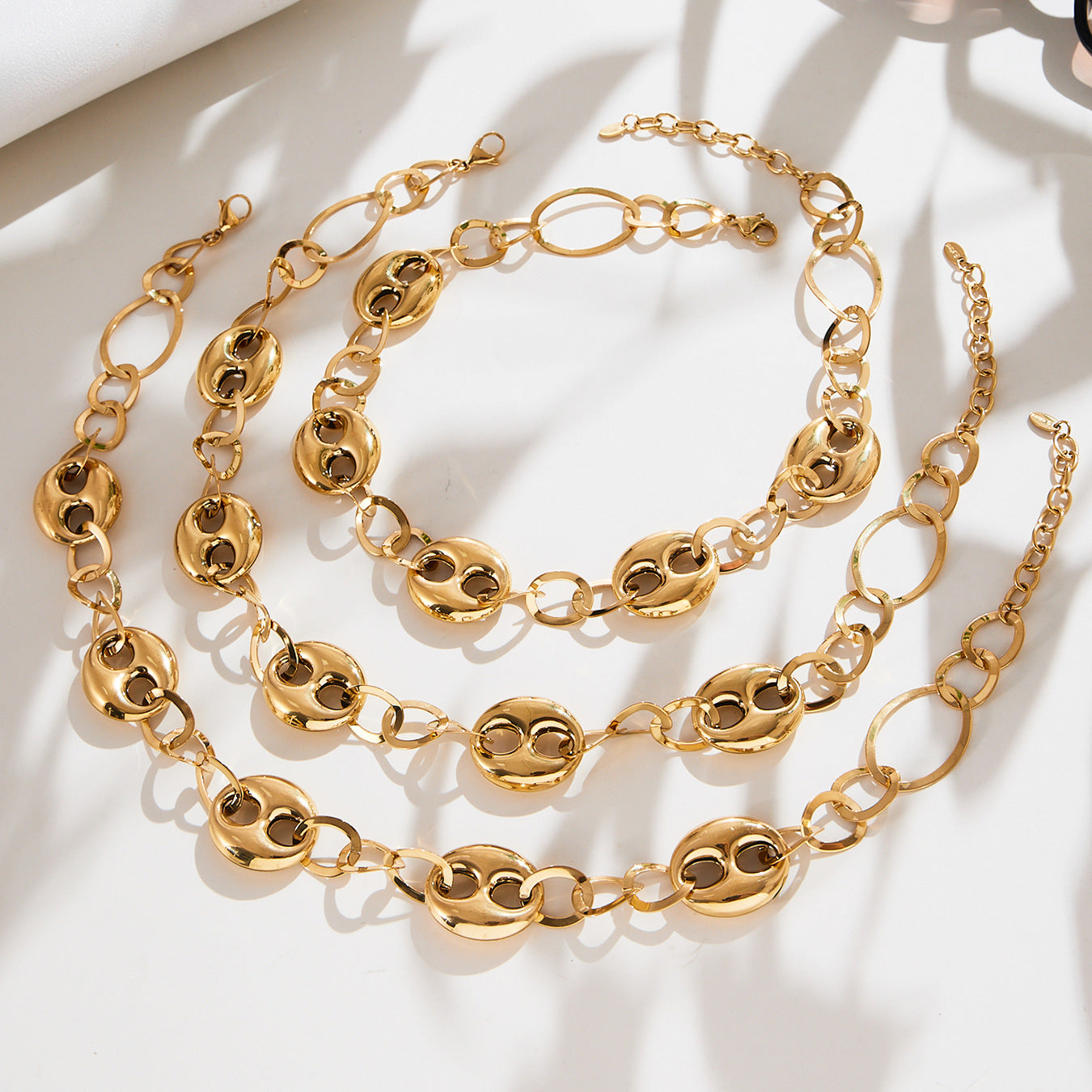 316L Stainless Steel 18K Gold PVD Hollow Coffee Bean Link Chain Necklace - Hollow Coffee Bean, Cuban Link, Modern, Gold Chain Wholesale Stainless Steel Jewelry - Sensitive Skin Friendly - Detail 11