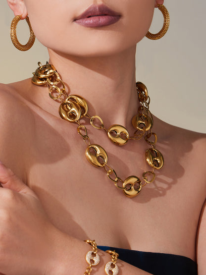 316L Stainless Steel 18K Gold PVD Hollow Coffee Bean Link Chain Necklace - Hollow Coffee Bean, Cuban Link, Modern, Gold Chain Wholesale Stainless Steel Jewelry - Sensitive Skin Friendly - Detail 3