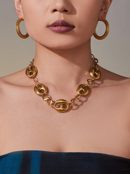 316L Stainless Steel 18K Gold PVD Hollow Coffee Bean Link Chain Necklace - Hollow Coffee Bean, Cuban Link, Modern, Gold Chain Wholesale Stainless Steel Jewelry - Sensitive Skin Friendly - Detail 5