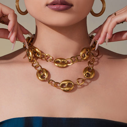 316L Stainless Steel 18K Gold PVD Hollow Coffee Bean Link Chain Necklace - Hollow Coffee Bean, Cuban Link, Modern, Gold Chain Wholesale Stainless Steel Jewelry - Sensitive Skin Friendly - Detail 7