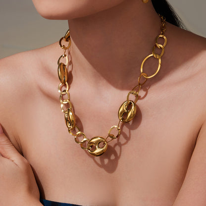 316L Stainless Steel 18K Gold PVD Hollow Coffee Bean Link Chain Necklace - Hollow Coffee Bean, Cuban Link, Modern, Gold Chain Wholesale Stainless Steel Jewelry - Sensitive Skin Friendly - Detail 8