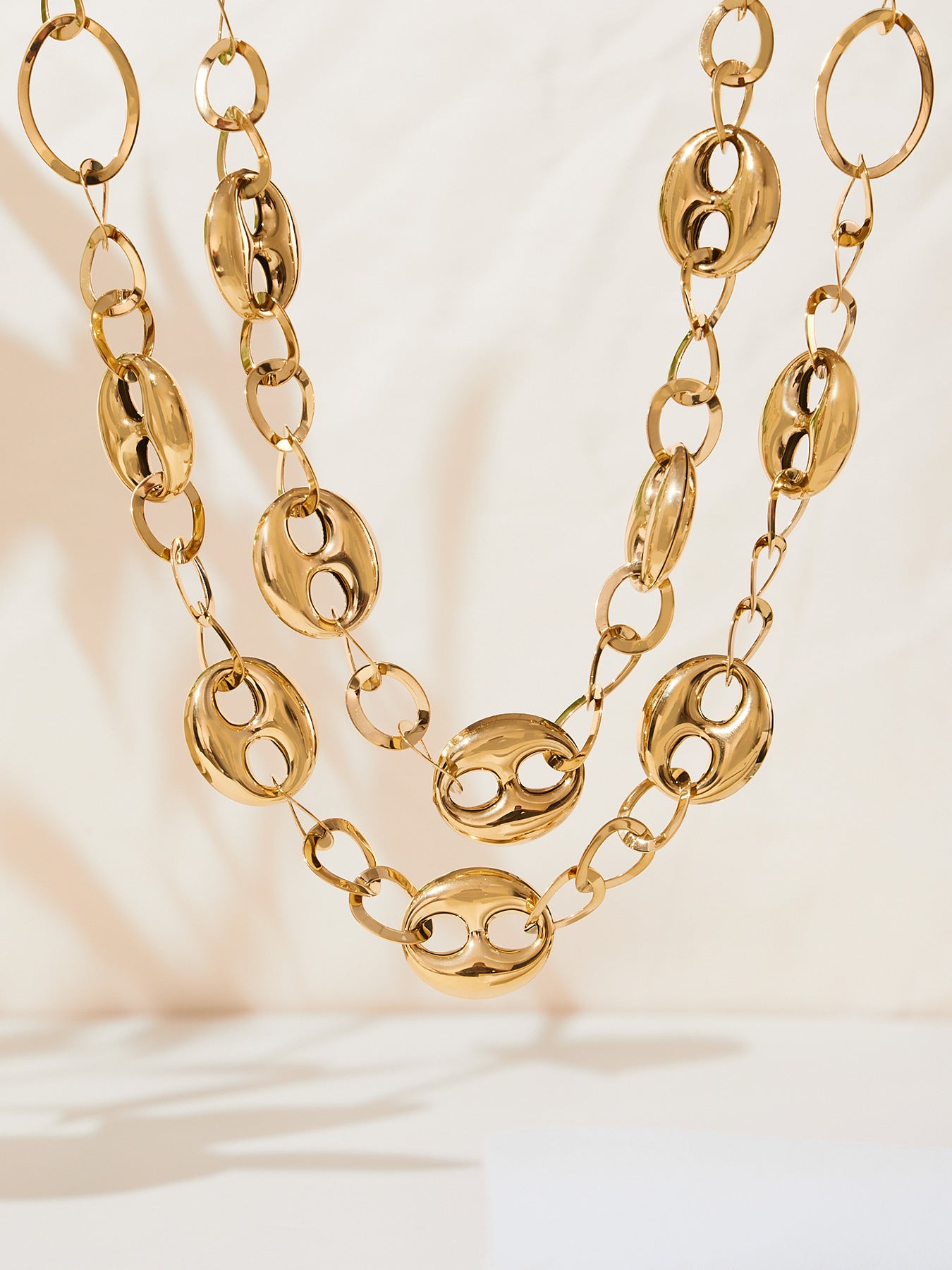 316L Stainless Steel 18K Gold PVD Hollow Coffee Bean Link Chain Necklace - Hollow Coffee Bean, Cuban Link, Modern, Gold Chain Wholesale Stainless Steel Jewelry - Sensitive Skin Friendly - Detail 9