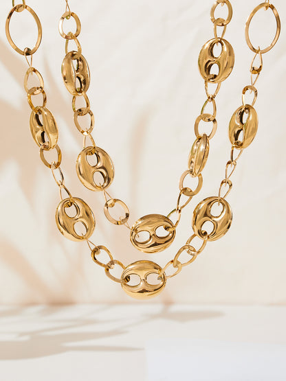 316L Stainless Steel 18K Gold PVD Hollow Coffee Bean Link Chain Necklace - Hollow Coffee Bean, Cuban Link, Modern, Gold Chain Wholesale Stainless Steel Jewelry - Sensitive Skin Friendly - Detail 9