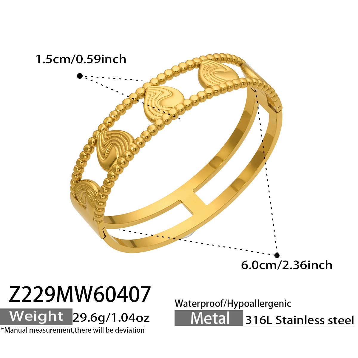 316L Stainless Steel 18K Gold PVD Hollow Heart Bangle Bracelet - Hollow Heart Bangle Minimalist Luxury Bracelet Wholesale Stainless Steel Jewelry - Sensitive Skin Friendly - Detail 8