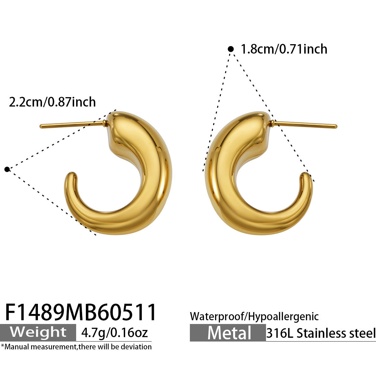 316L Stainless Steel 18K Gold PVD Hollow Small U-Shaped Earrings - Hollow U-Shaped Geometric Minimalist Wholesale Stainless Steel Jewelry - Sensitive Skin Friendly - Detail 12