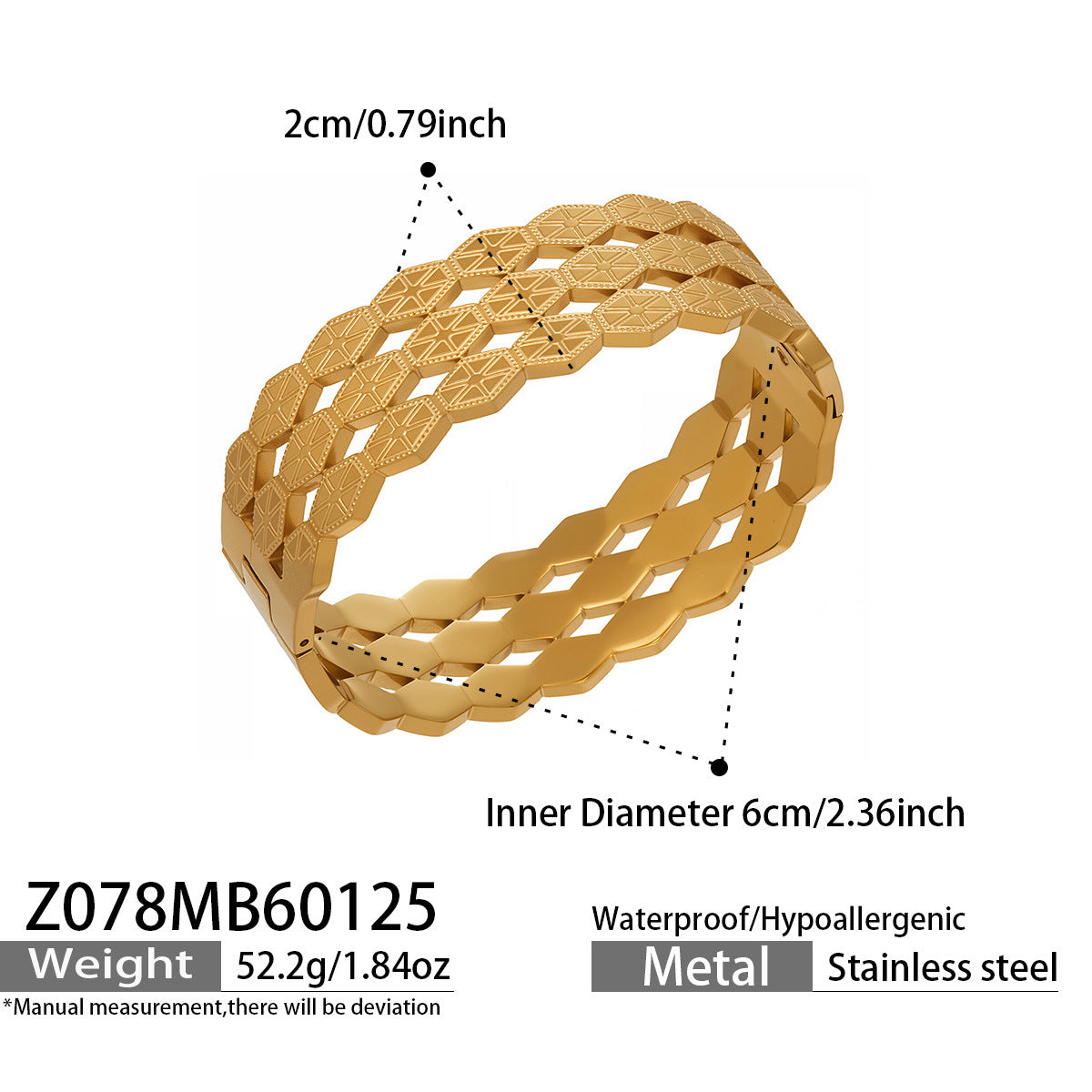 316L Stainless Steel 18K Gold PVD Hollow Texture Wide Bangle - Vintage Hollow Texture Wide Bangle Wholesale Stainless Steel Jewelry - Sensitive Skin Friendly - Detail 10