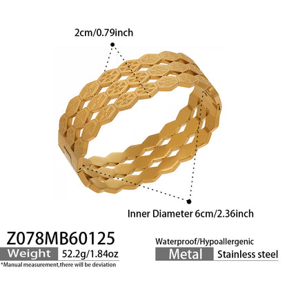 316L Stainless Steel 18K Gold PVD Hollow Texture Wide Bangle - Vintage Hollow Texture Wide Bangle Wholesale Stainless Steel Jewelry - Sensitive Skin Friendly - Detail 10