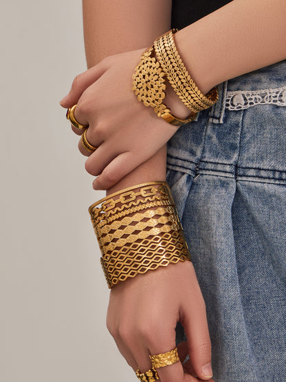 316L Stainless Steel 18K Gold PVD Hollow Texture Wide Bangle - Vintage Hollow Texture Wide Bangle Wholesale Stainless Steel Jewelry - Sensitive Skin Friendly - Detail 11