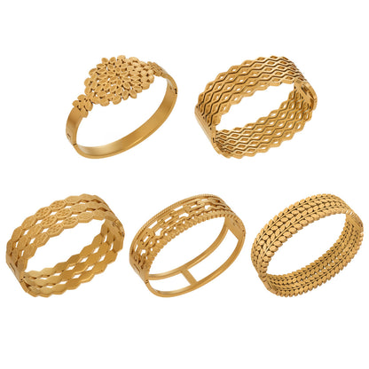 316L Stainless Steel 18K Gold PVD Hollow Texture Wide Bangle - Vintage Hollow Texture Wide Bangle Wholesale Stainless Steel Jewelry - Sensitive Skin Friendly - Detail 13