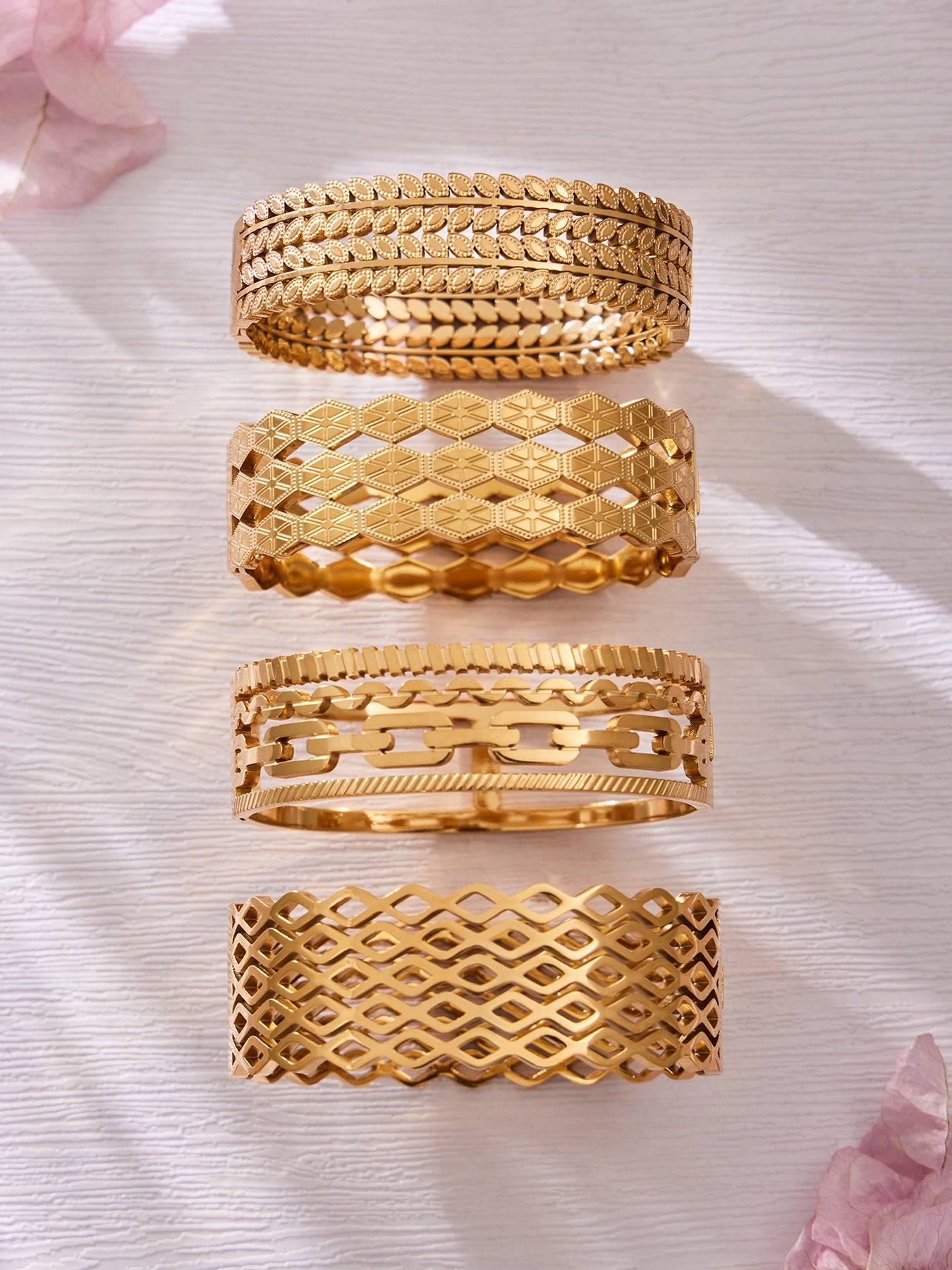 316L Stainless Steel 18K Gold PVD Hollow Texture Wide Bangle - Vintage Hollow Texture Wide Bangle Wholesale Stainless Steel Jewelry - Sensitive Skin Friendly - Detail 14