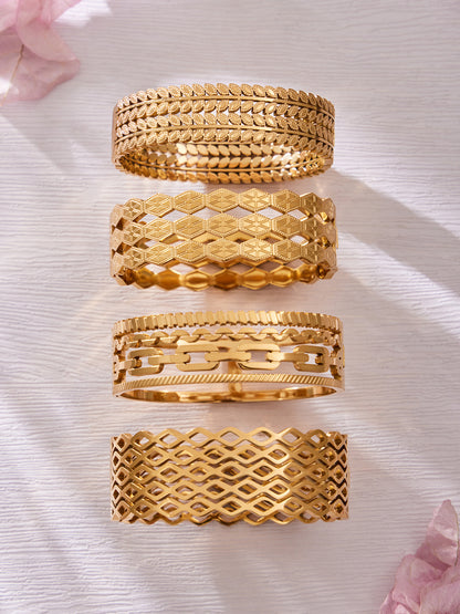 316L Stainless Steel 18K Gold PVD Hollow Texture Wide Bangle - Vintage Hollow Texture Wide Bangle Wholesale Stainless Steel Jewelry - Sensitive Skin Friendly - Detail 14