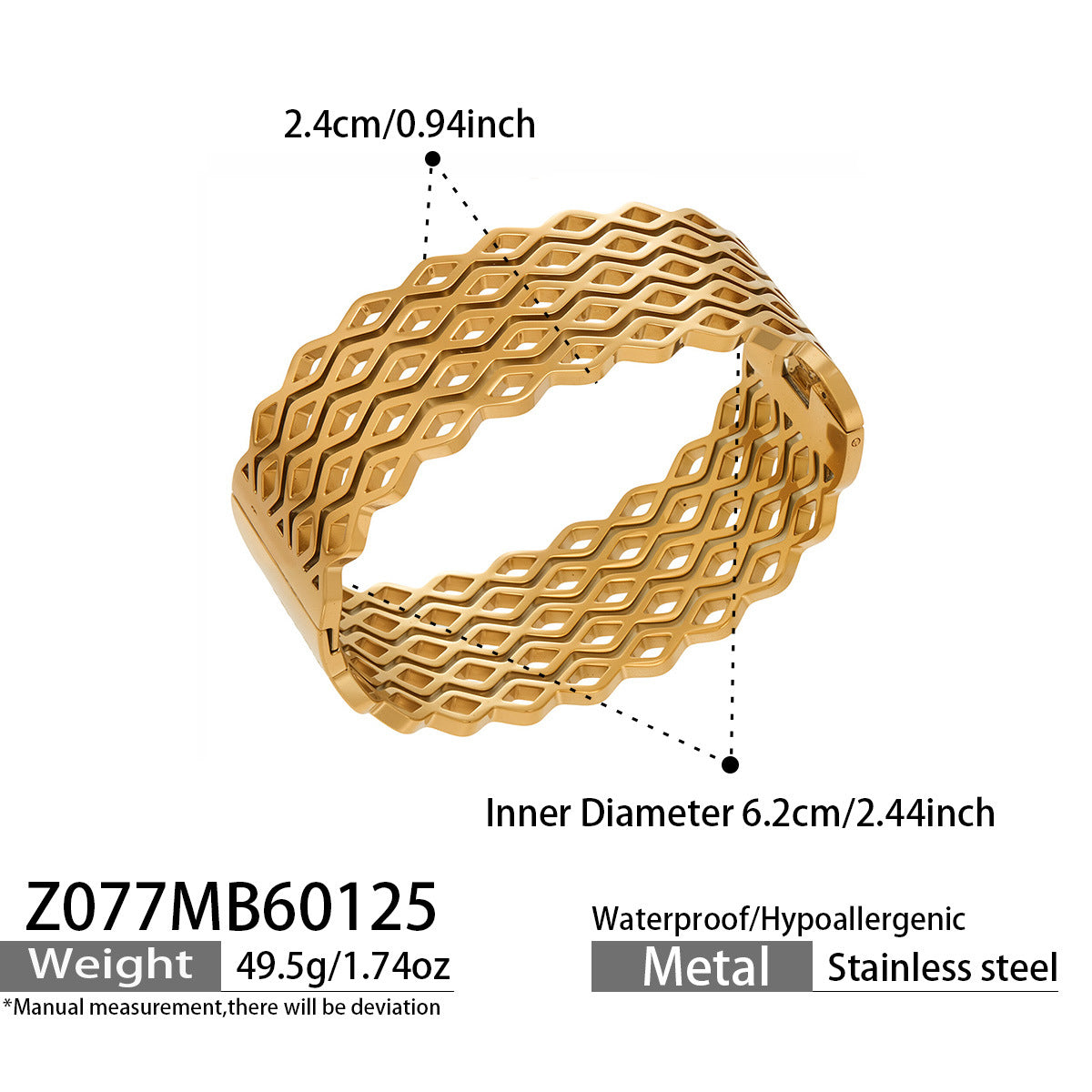 316L Stainless Steel 18K Gold PVD Hollow Texture Wide Bangle - Vintage Hollow Texture Wide Bangle Wholesale Stainless Steel Jewelry - Sensitive Skin Friendly - Detail 2