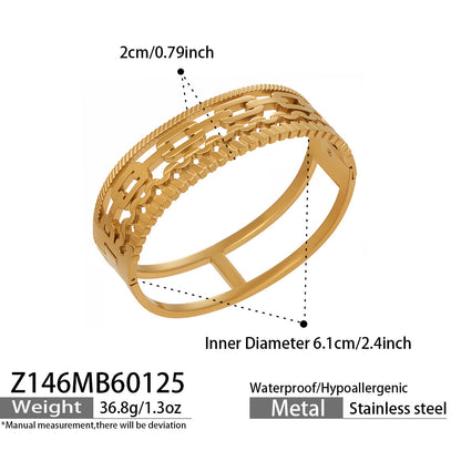 316L Stainless Steel 18K Gold PVD Hollow Texture Wide Bangle - Vintage Hollow Texture Wide Bangle Wholesale Stainless Steel Jewelry - Sensitive Skin Friendly - Detail 5