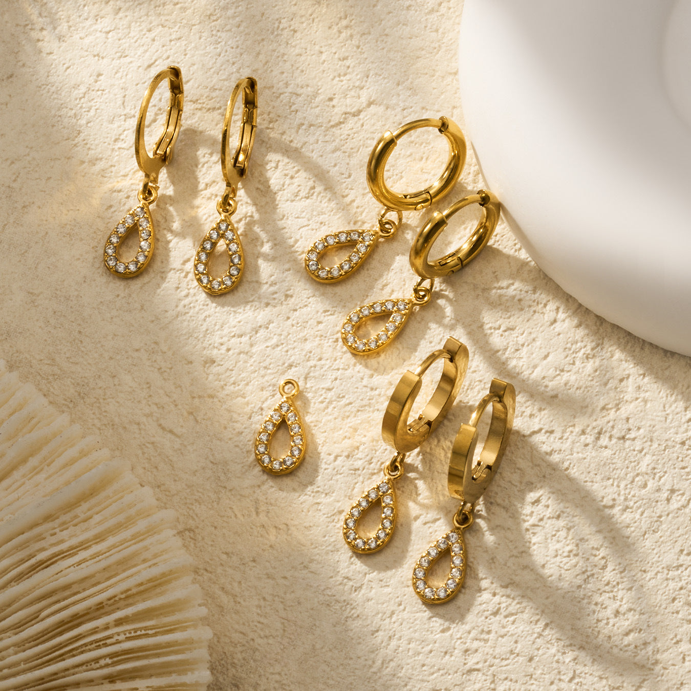 316L Stainless Steel 18K Gold PVD Hollow Waterdrop Pave Zircon Hoop Earrings - Hollow Waterdrop, Pave Zircon, Elegant, Modern, Gold Wholesale Stainless Steel Jewelry - Sensitive Skin Friendly - Detail 10