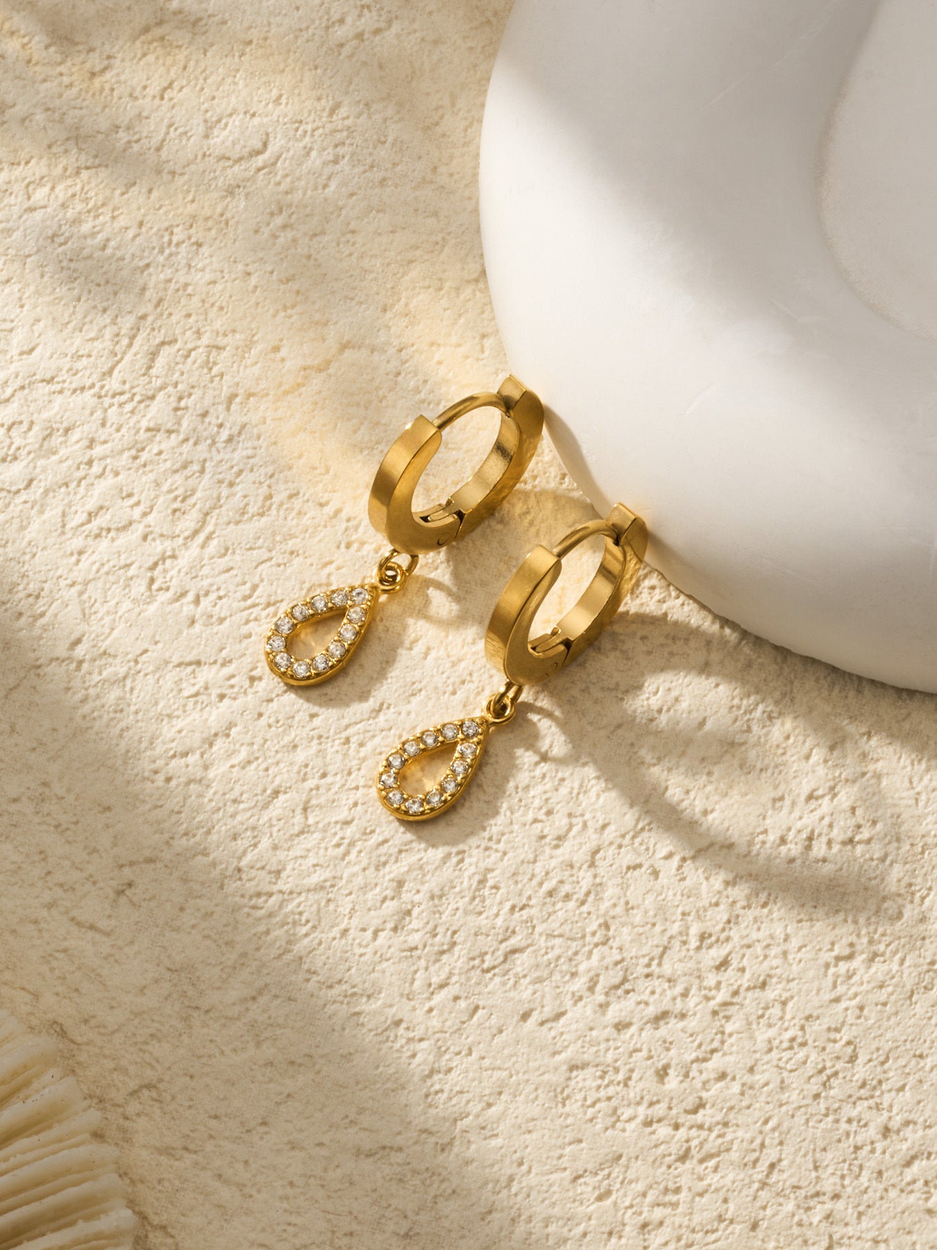 316L Stainless Steel 18K Gold PVD Hollow Waterdrop Pave Zircon Hoop Earrings - Hollow Waterdrop, Pave Zircon, Elegant, Modern, Gold Wholesale Stainless Steel Jewelry - Sensitive Skin Friendly - Detail 11