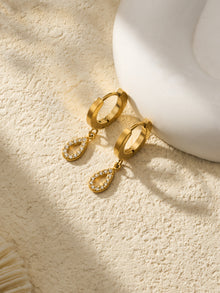 316L Stainless Steel 18K Gold PVD Hollow Waterdrop Pave Zircon Hoop Earrings - Hollow Waterdrop, Pave Zircon, Elegant, Modern, Gold Wholesale Stainless Steel Jewelry - Sensitive Skin Friendly - Detail 11